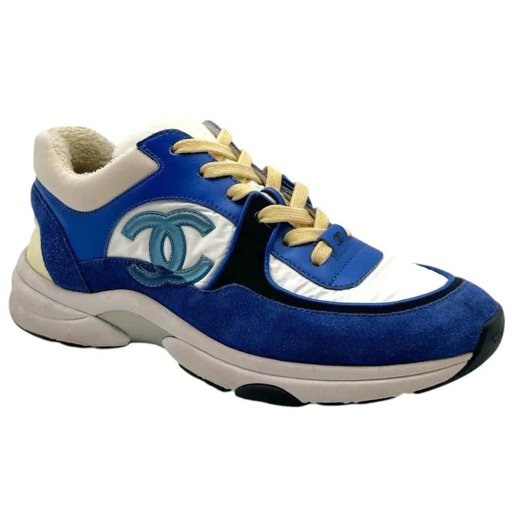 Chanel Cobalt Blue & Butter Yellow Logo Sneakers